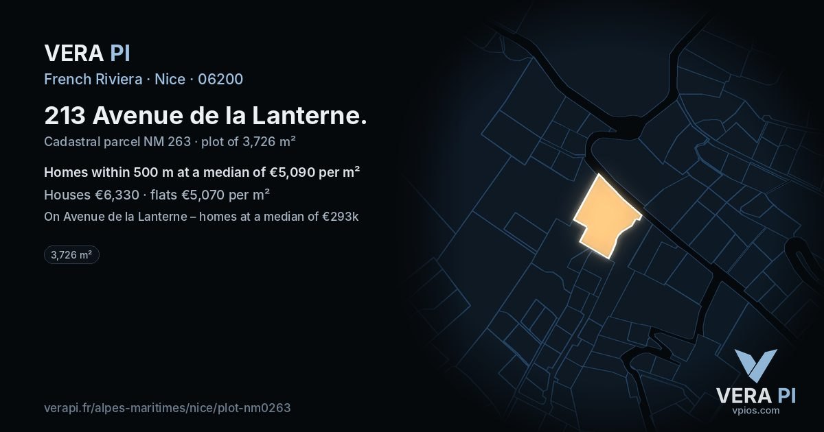 213 Avenue de la Lanterne, Nice at night – the plot lit, the parcels around coloured by the prices near them