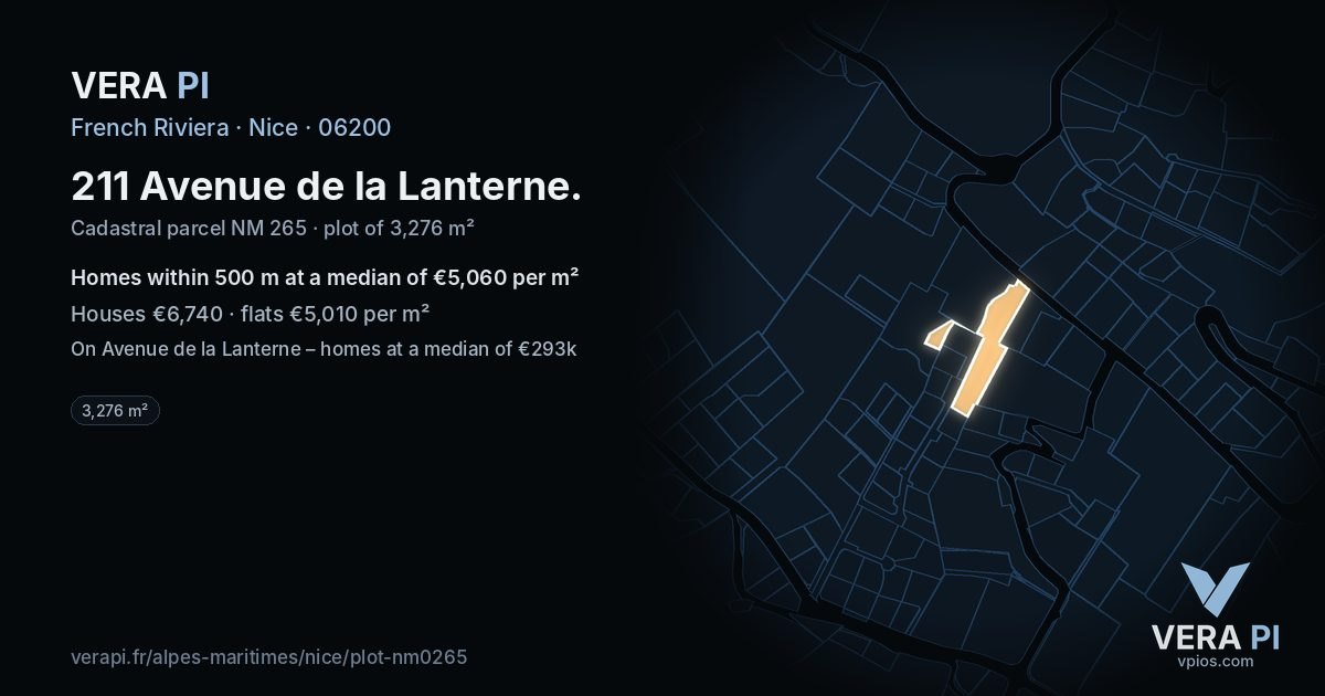 211 Avenue de la Lanterne, Nice at night – the plot lit, the parcels around coloured by the prices near them