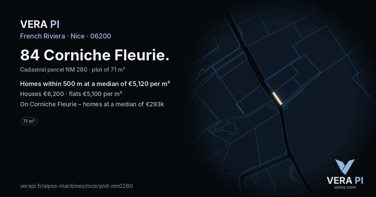 84 Corniche Fleurie, Nice at night – the plot lit, the parcels around coloured by the prices near them