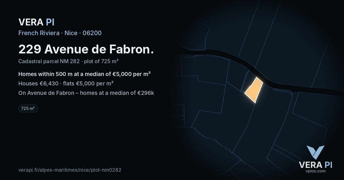 229 Avenue de Fabron, Nice at night – the plot lit, the parcels around coloured by the prices near them