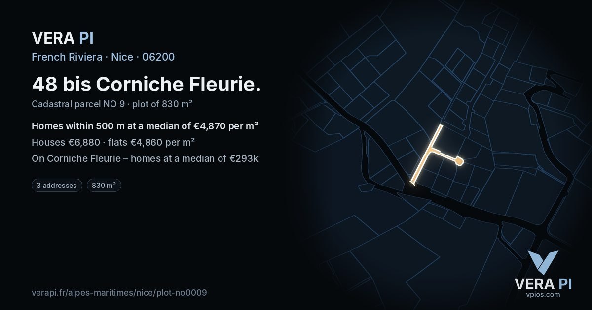 48 bis Corniche Fleurie, Nice at night – the plot lit, the parcels around coloured by the prices near them