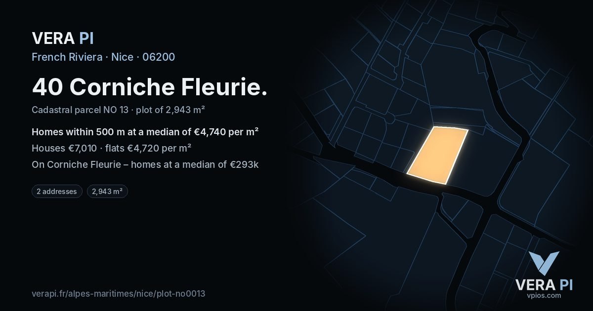 40 Corniche Fleurie, Nice at night – the plot lit, the parcels around coloured by the prices near them