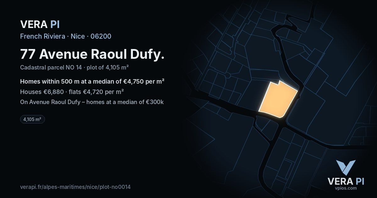 77 Avenue Raoul Dufy, Nice at night – the plot lit, the parcels around coloured by the prices near them
