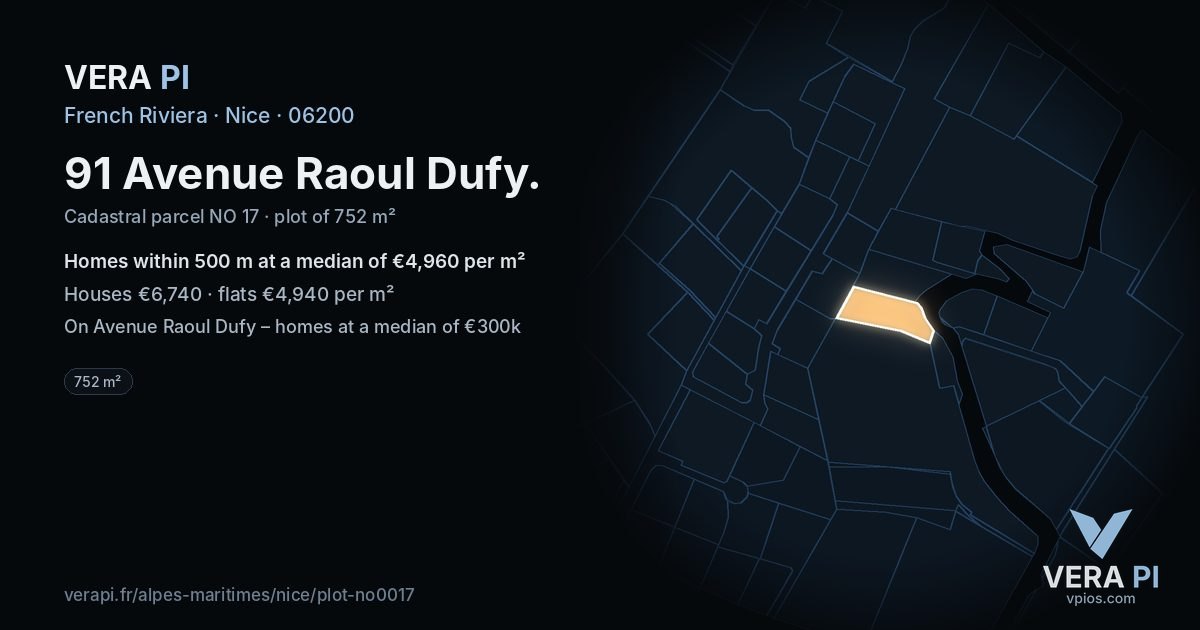 91 Avenue Raoul Dufy, Nice at night – the plot lit, the parcels around coloured by the prices near them