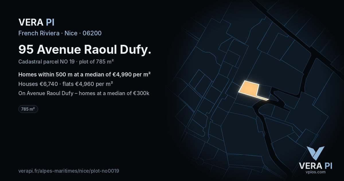 95 Avenue Raoul Dufy, Nice at night – the plot lit, the parcels around coloured by the prices near them