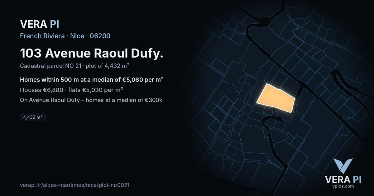 103 Avenue Raoul Dufy, Nice at night – the plot lit, the parcels around coloured by the prices near them