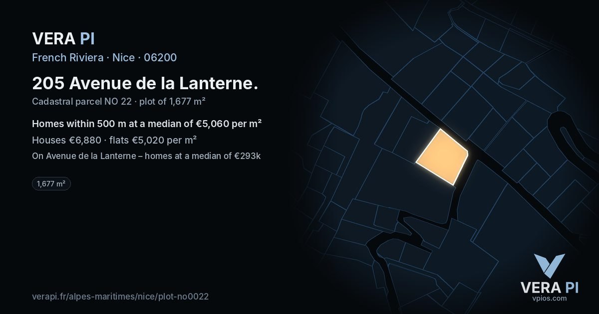 205 Avenue de la Lanterne, Nice at night – the plot lit, the parcels around coloured by the prices near them