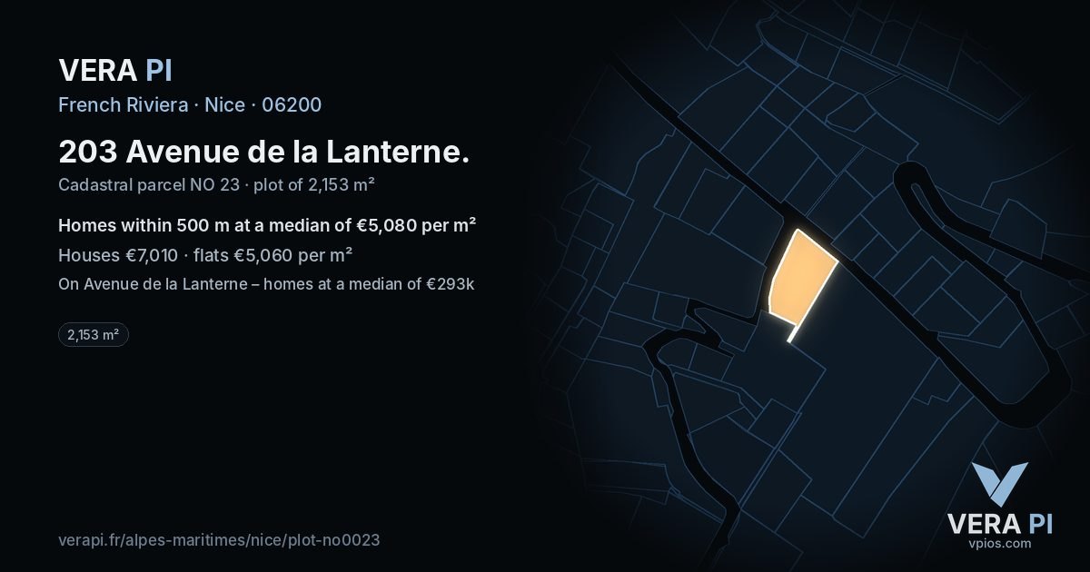 203 Avenue de la Lanterne, Nice at night – the plot lit, the parcels around coloured by the prices near them