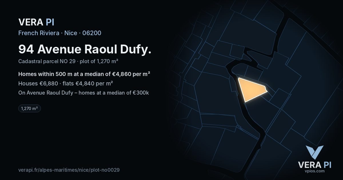 94 Avenue Raoul Dufy, Nice at night – the plot lit, the parcels around coloured by the prices near them