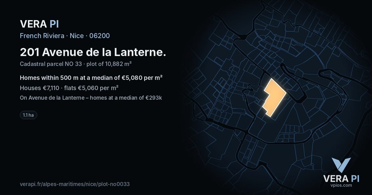 201 Avenue de la Lanterne, Nice at night – the plot lit, the parcels around coloured by the prices near them