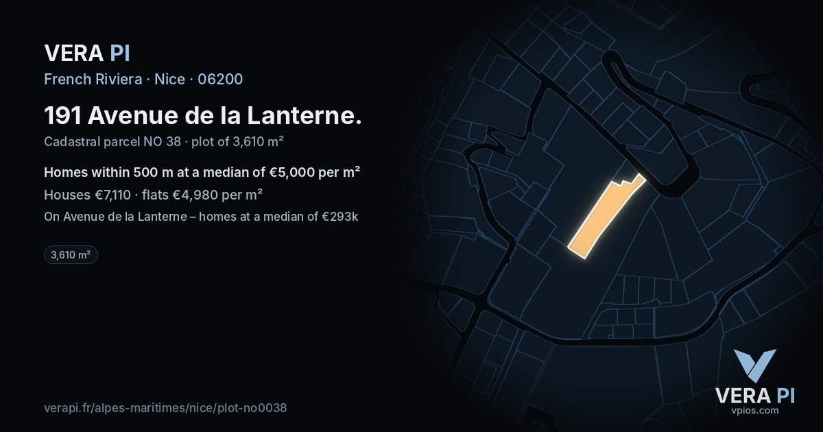 191 Avenue de la Lanterne, Nice at night – the plot lit, the parcels around coloured by the prices near them