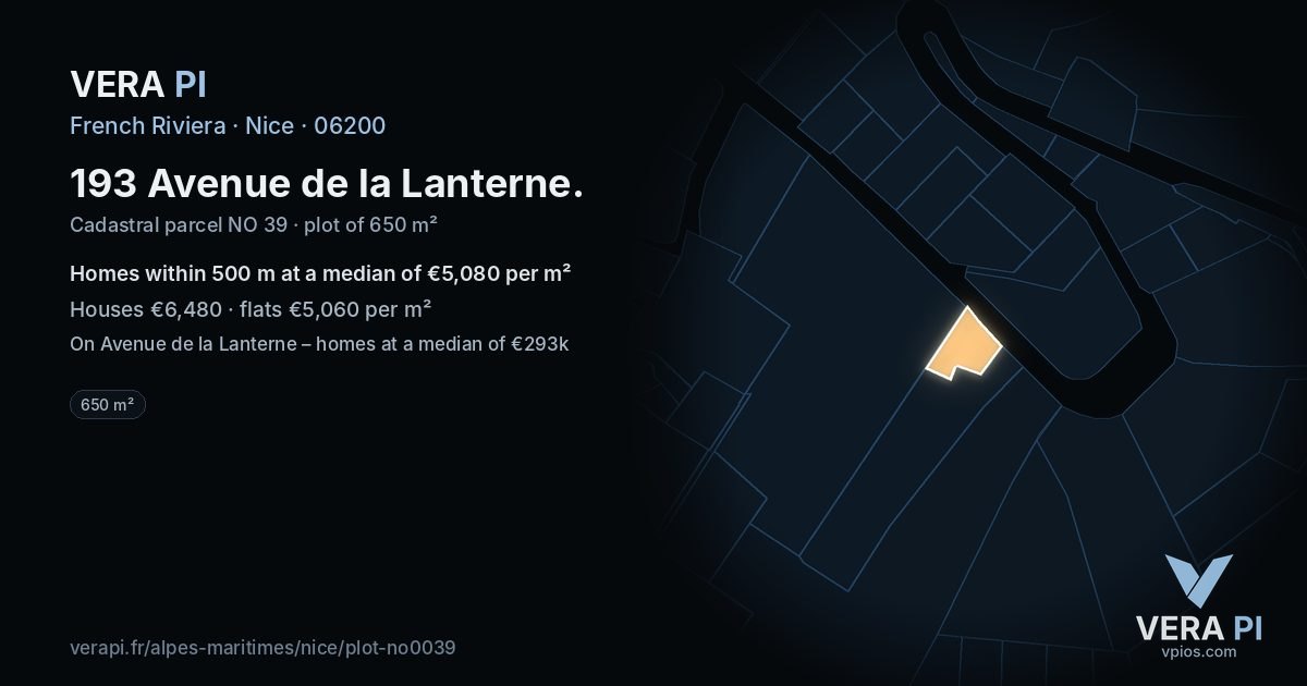 193 Avenue de la Lanterne, Nice at night – the plot lit, the parcels around coloured by the prices near them