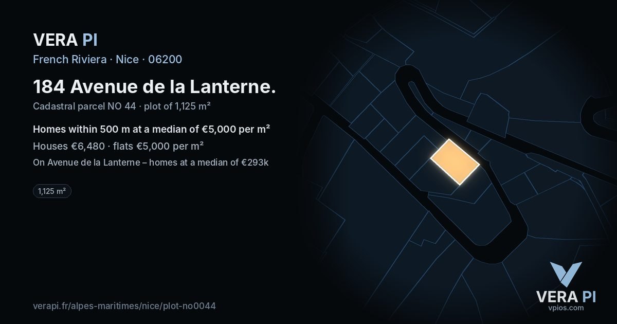 184 Avenue de la Lanterne, Nice at night – the plot lit, the parcels around coloured by the prices near them