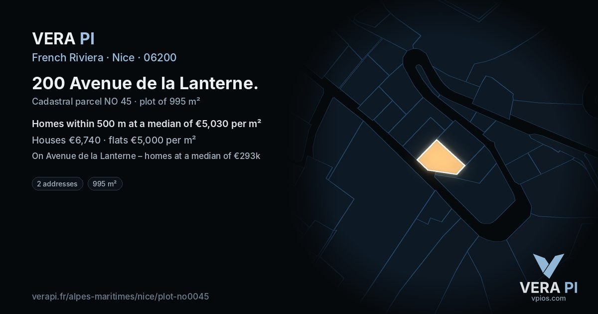 200 Avenue de la Lanterne, Nice at night – the plot lit, the parcels around coloured by the prices near them