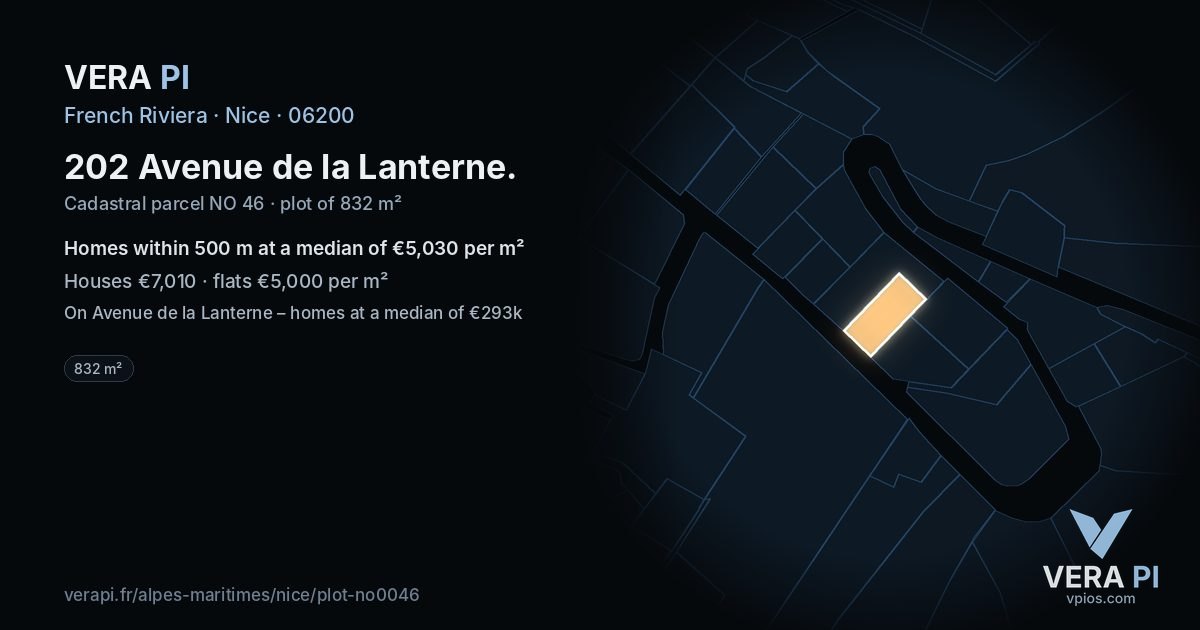 202 Avenue de la Lanterne, Nice at night – the plot lit, the parcels around coloured by the prices near them