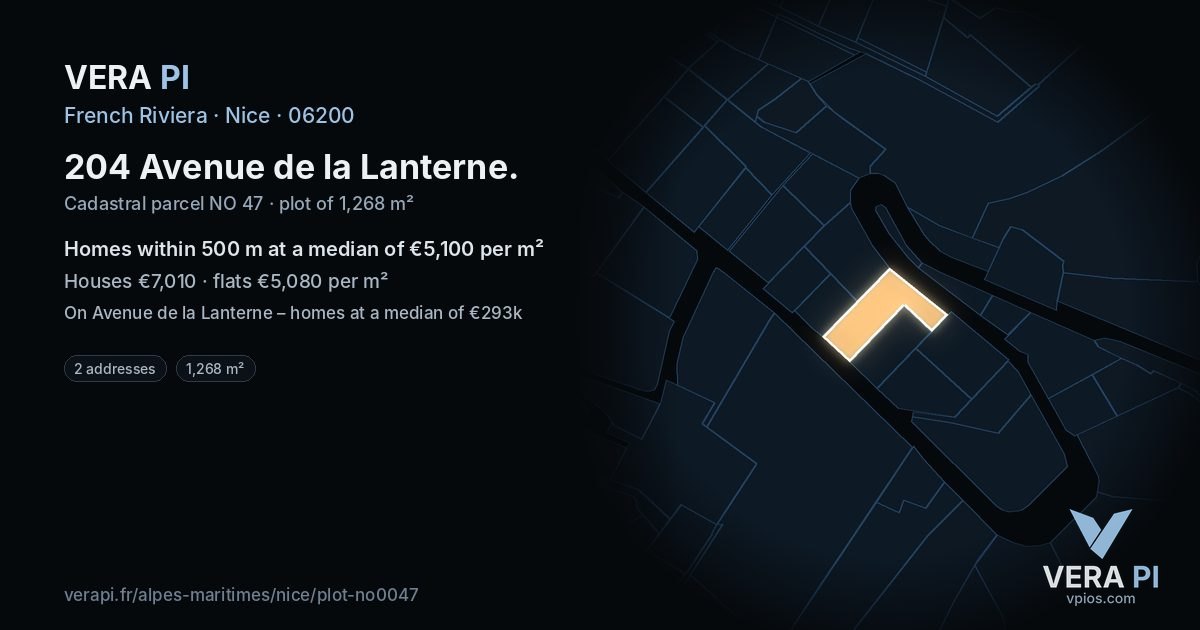 204 Avenue de la Lanterne, Nice at night – the plot lit, the parcels around coloured by the prices near them