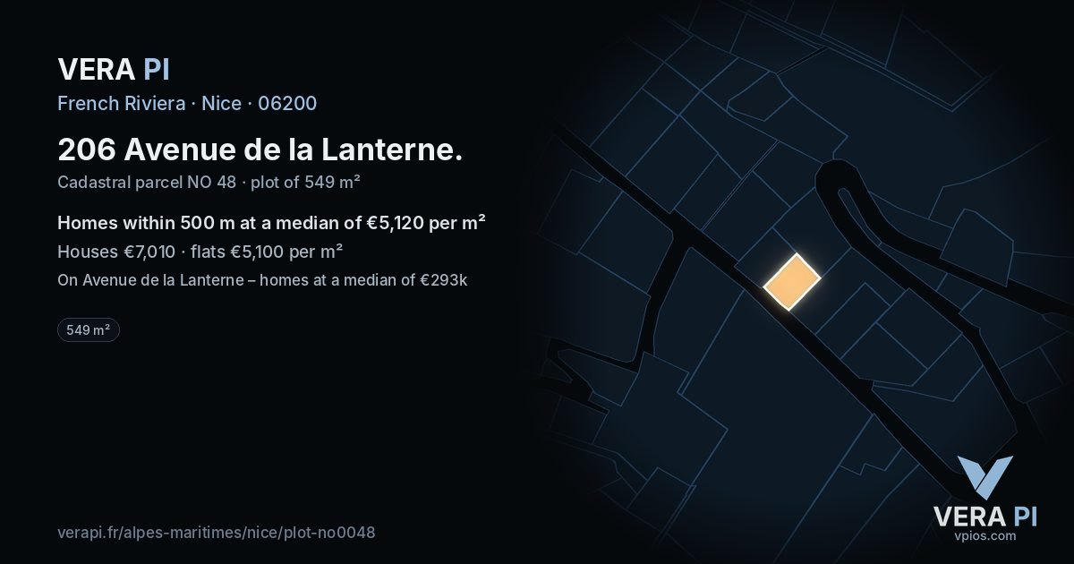 206 Avenue de la Lanterne, Nice at night – the plot lit, the parcels around coloured by the prices near them