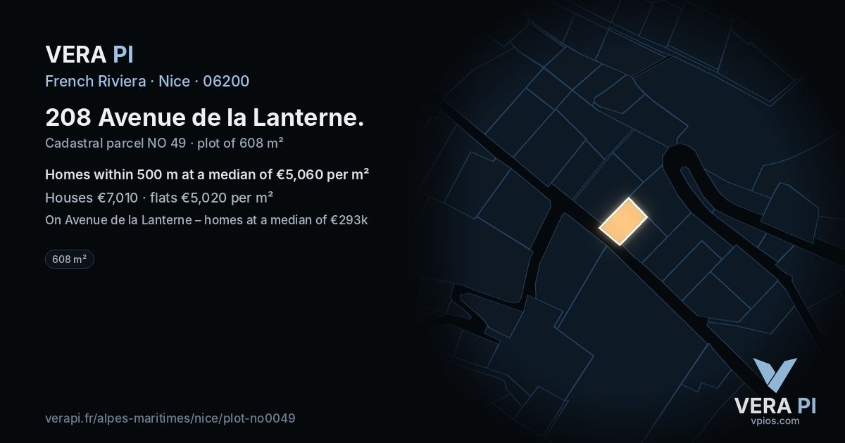 208 Avenue de la Lanterne, Nice at night – the plot lit, the parcels around coloured by the prices near them