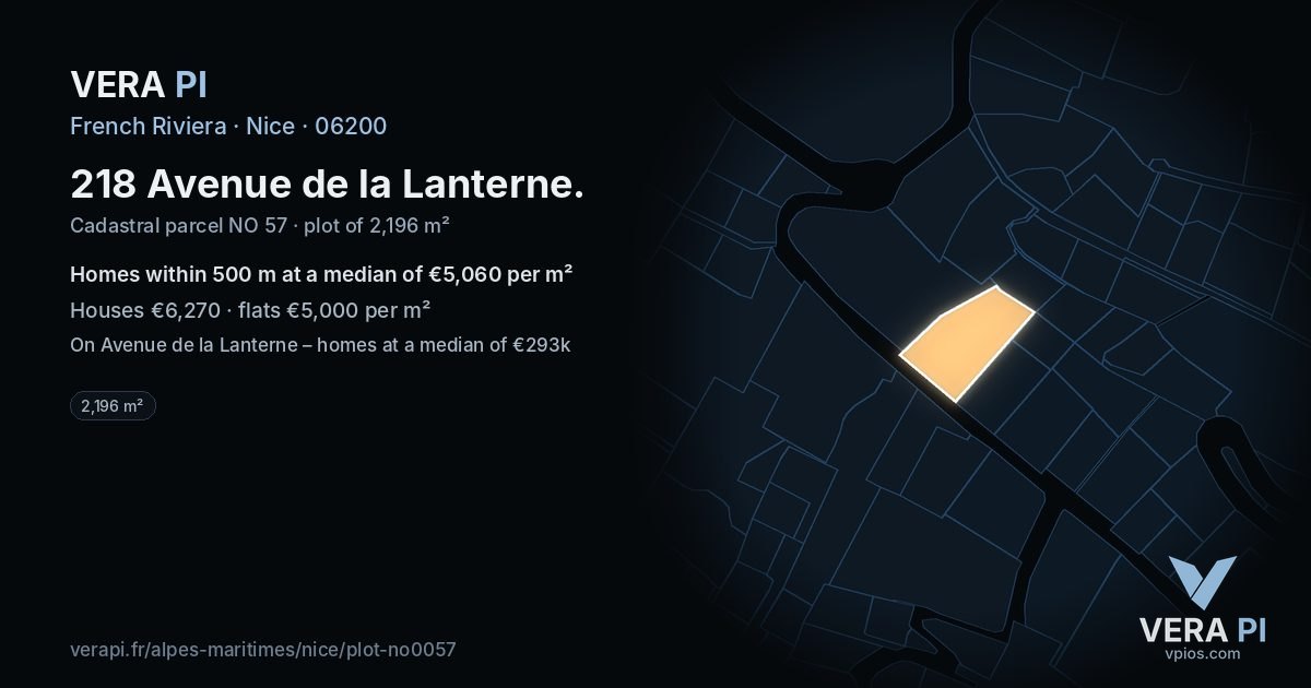 218 Avenue de la Lanterne, Nice at night – the plot lit, the parcels around coloured by the prices near them