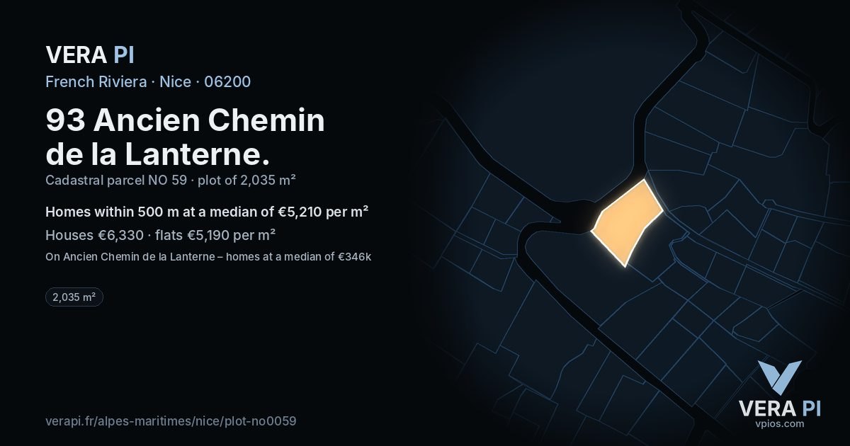 93 Ancien Chemin de la Lanterne, Nice at night – the plot lit, the parcels around coloured by the prices near them