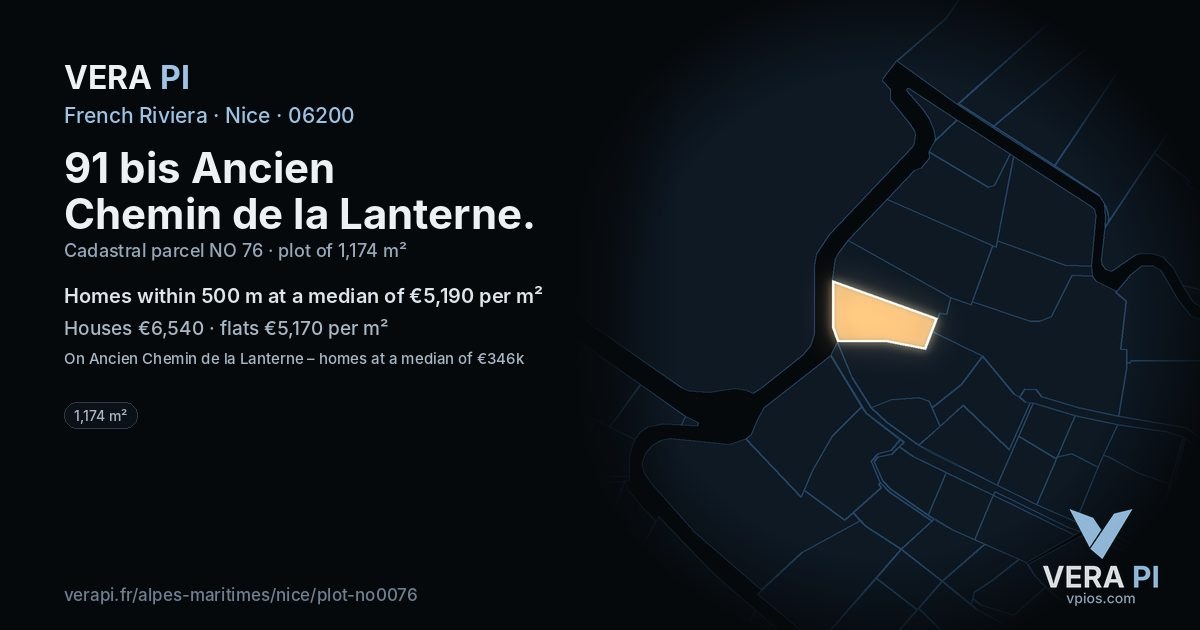 91 bis Ancien Chemin de la Lanterne, Nice at night – the plot lit, the parcels around coloured by the prices near them