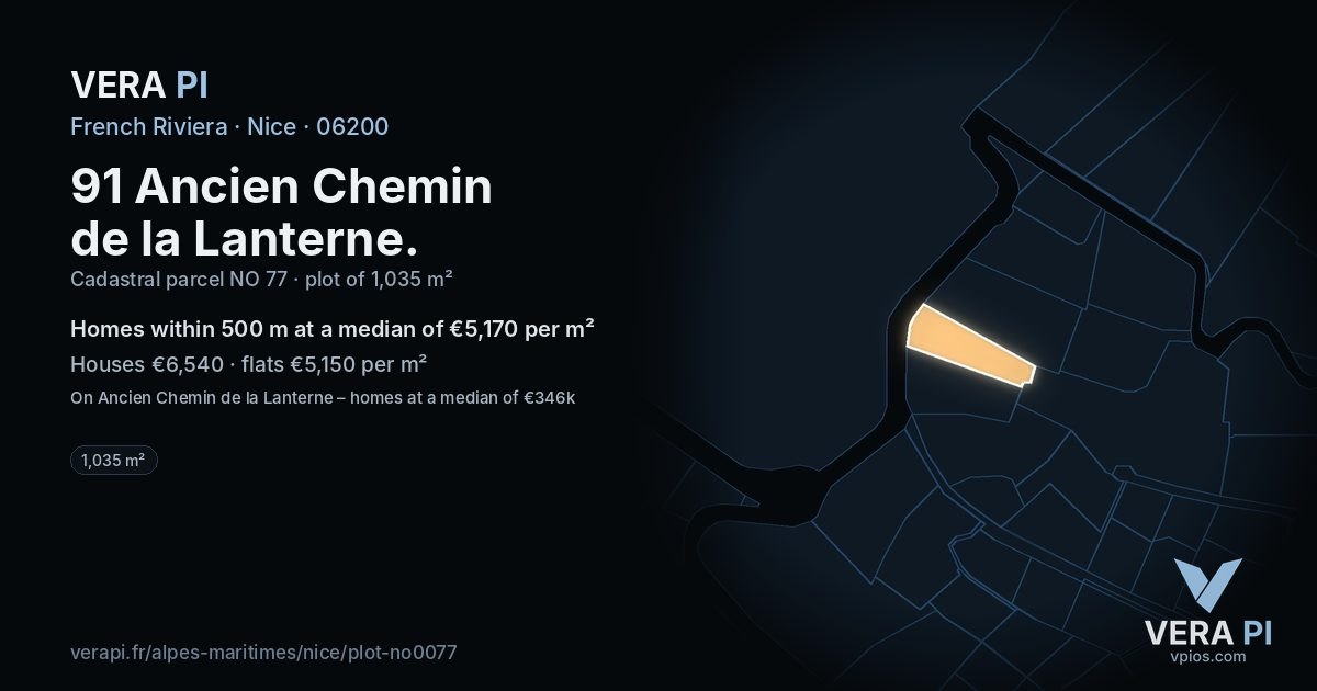 91 Ancien Chemin de la Lanterne, Nice at night – the plot lit, the parcels around coloured by the prices near them