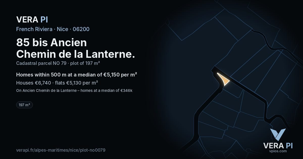85 bis Ancien Chemin de la Lanterne, Nice at night – the plot lit, the parcels around coloured by the prices near them