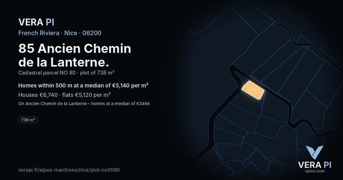 85 Ancien Chemin de la Lanterne, Nice at night – the plot lit, the parcels around coloured by the prices near them