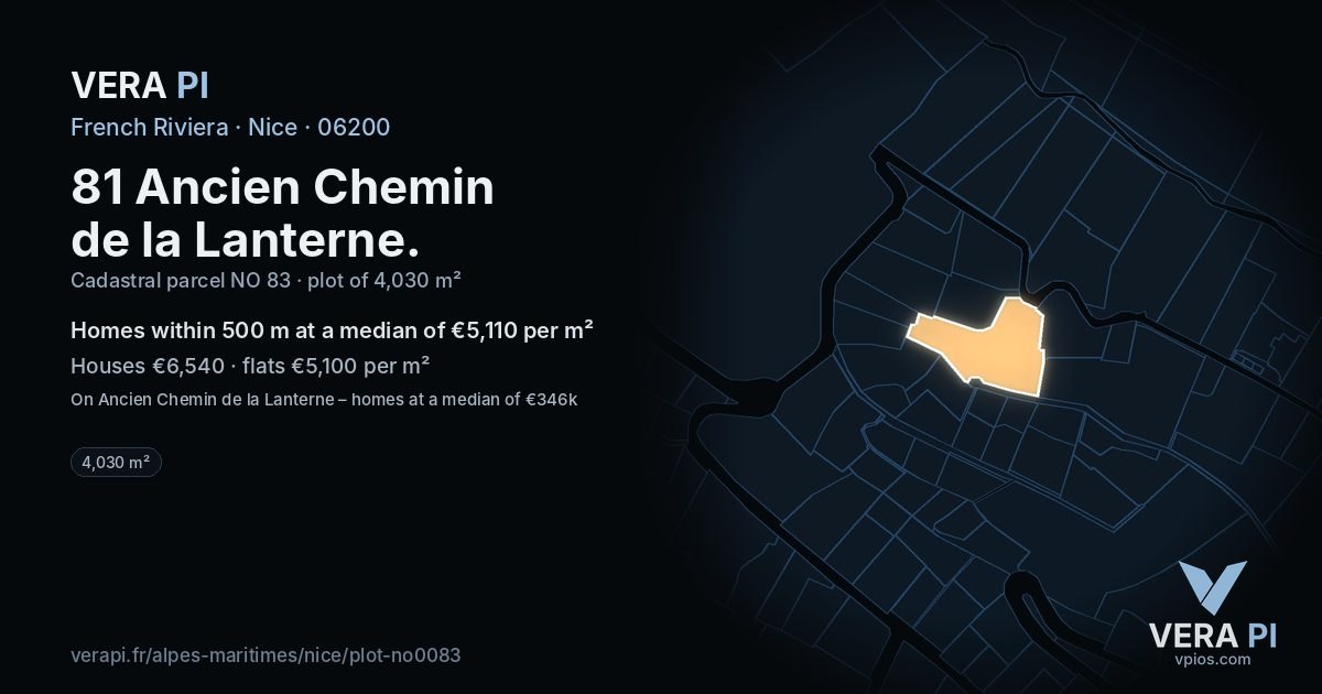 81 Ancien Chemin de la Lanterne, Nice at night – the plot lit, the parcels around coloured by the prices near them