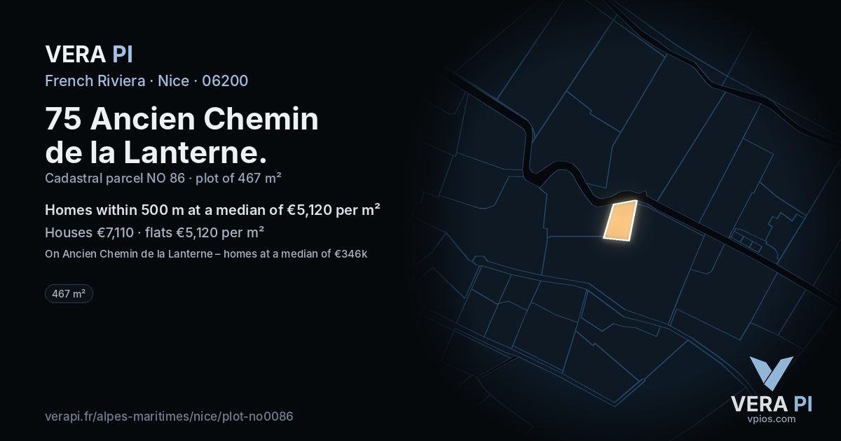 75 Ancien Chemin de la Lanterne, Nice at night – the plot lit, the parcels around coloured by the prices near them