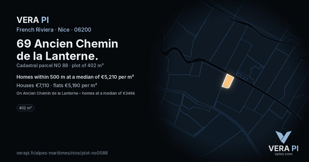 69 Ancien Chemin de la Lanterne, Nice at night – the plot lit, the parcels around coloured by the prices near them