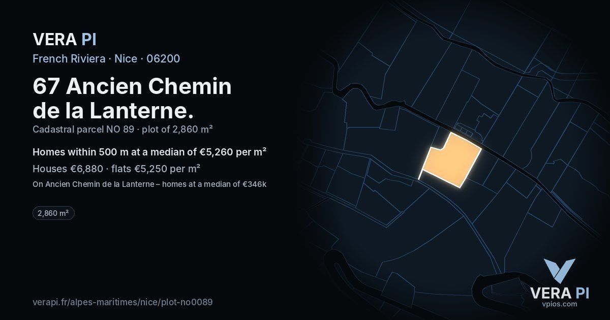 67 Ancien Chemin de la Lanterne, Nice at night – the plot lit, the parcels around coloured by the prices near them