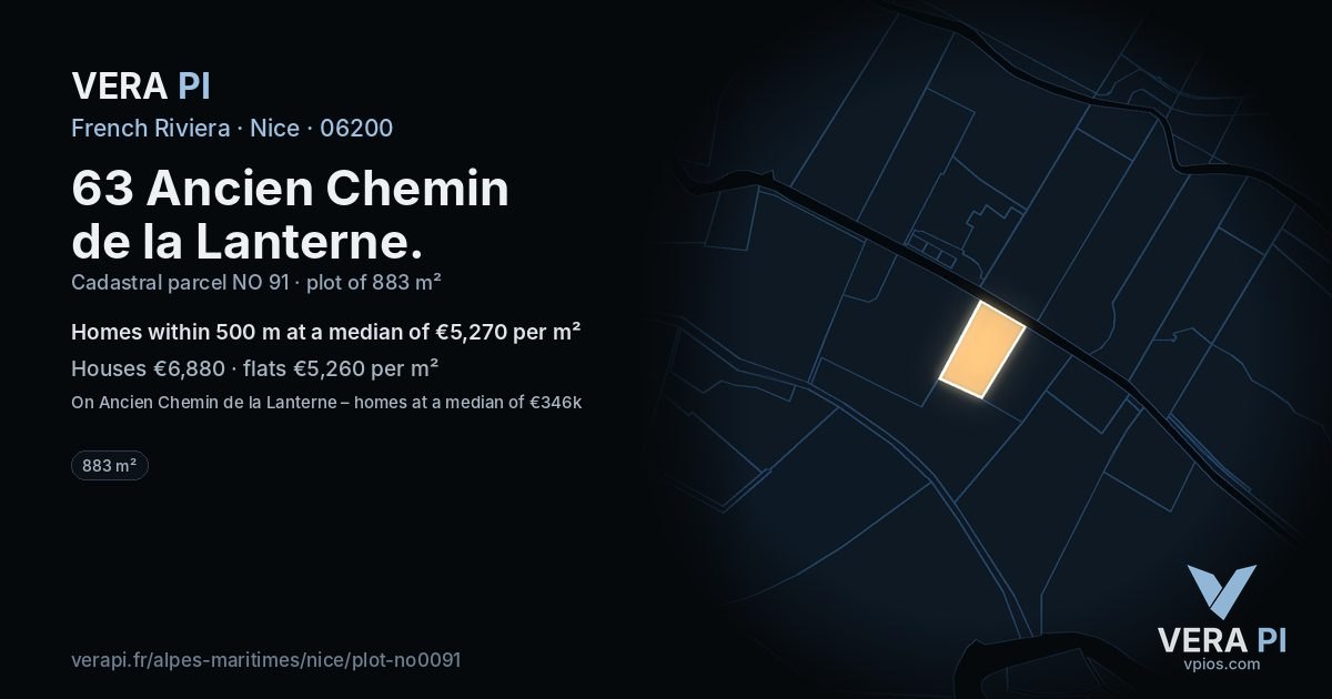 63 Ancien Chemin de la Lanterne, Nice at night – the plot lit, the parcels around coloured by the prices near them