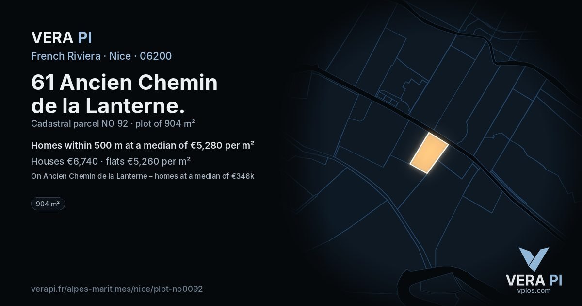 61 Ancien Chemin de la Lanterne, Nice at night – the plot lit, the parcels around coloured by the prices near them