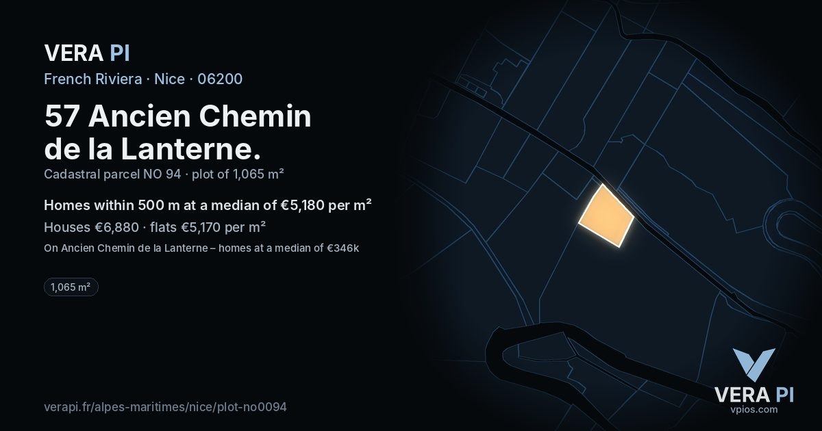 57 Ancien Chemin de la Lanterne, Nice at night – the plot lit, the parcels around coloured by the prices near them