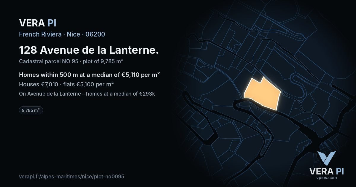 128 Avenue de la Lanterne, Nice at night – the plot lit, the parcels around coloured by the prices near them