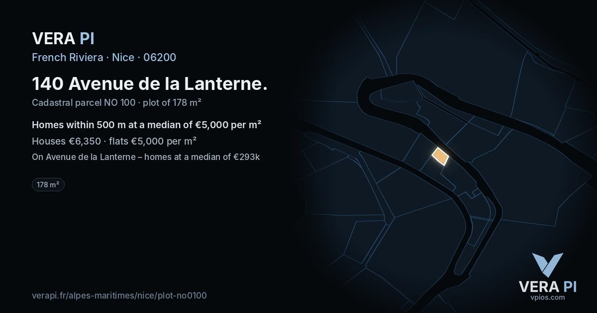 140 Avenue de la Lanterne, Nice at night – the plot lit, the parcels around coloured by the prices near them