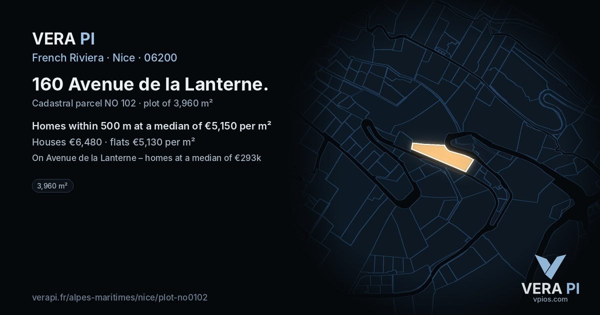 160 Avenue de la Lanterne, Nice at night – the plot lit, the parcels around coloured by the prices near them