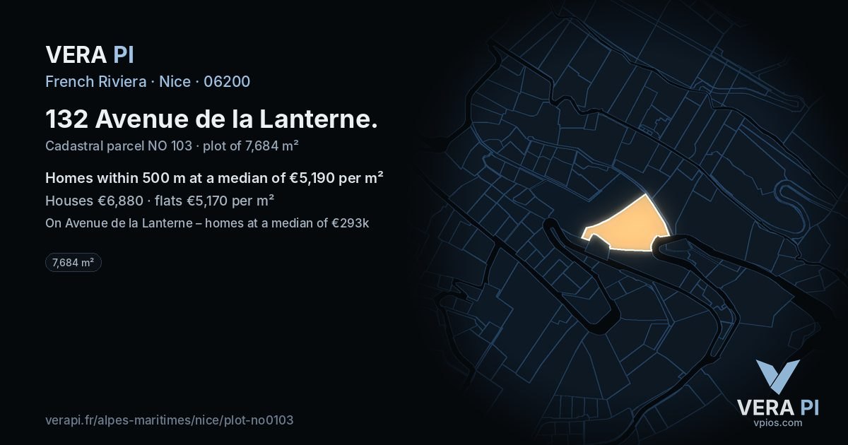 132 Avenue de la Lanterne, Nice at night – the plot lit, the parcels around coloured by the prices near them