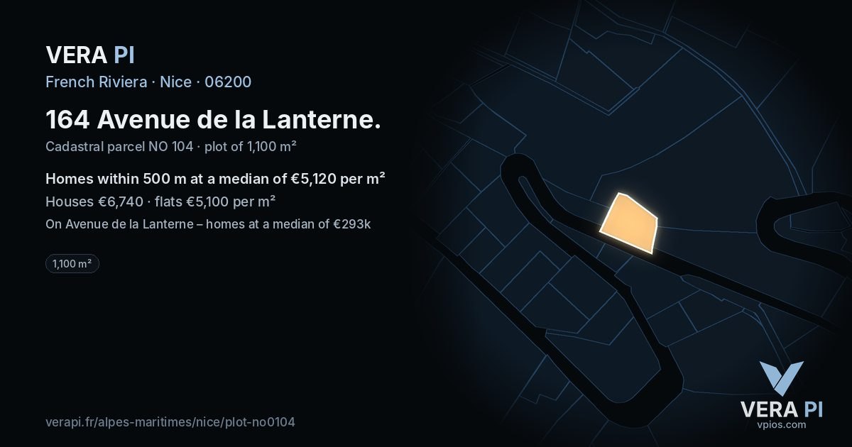 164 Avenue de la Lanterne, Nice at night – the plot lit, the parcels around coloured by the prices near them