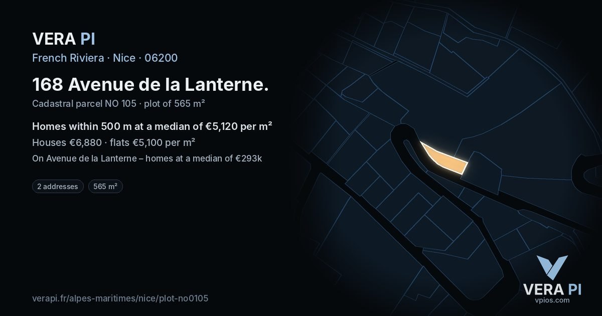 168 Avenue de la Lanterne, Nice at night – the plot lit, the parcels around coloured by the prices near them