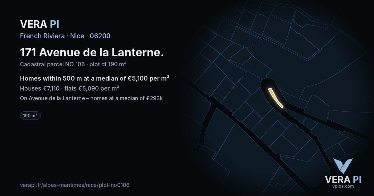 171 Avenue de la Lanterne, Nice at night – the plot lit, the parcels around coloured by the prices near them