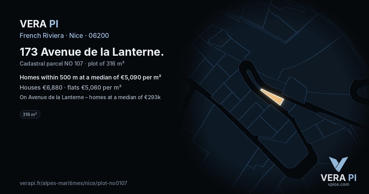 173 Avenue de la Lanterne, Nice at night – the plot lit, the parcels around coloured by the prices near them