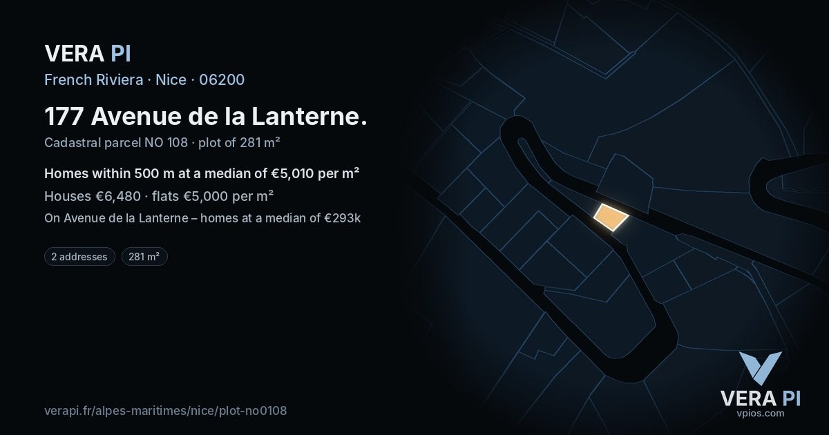 177 Avenue de la Lanterne, Nice at night – the plot lit, the parcels around coloured by the prices near them