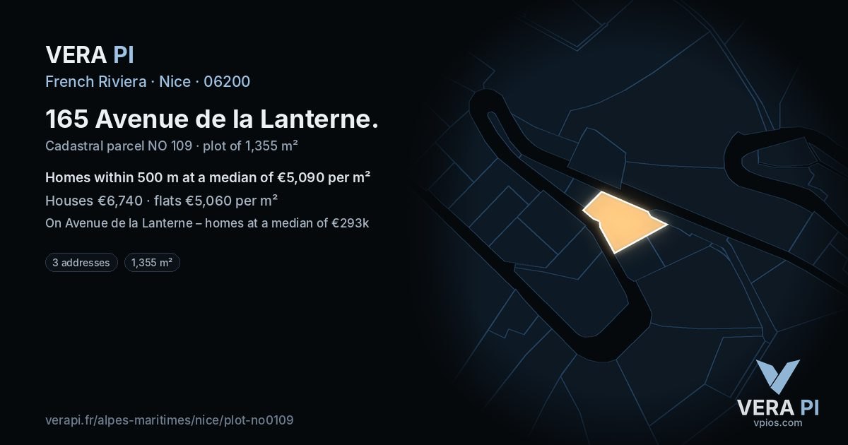 165 Avenue de la Lanterne, Nice at night – the plot lit, the parcels around coloured by the prices near them