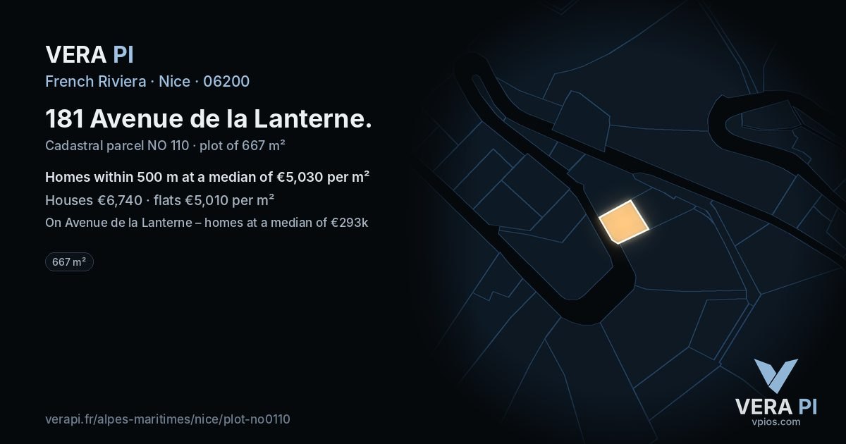 181 Avenue de la Lanterne, Nice at night – the plot lit, the parcels around coloured by the prices near them