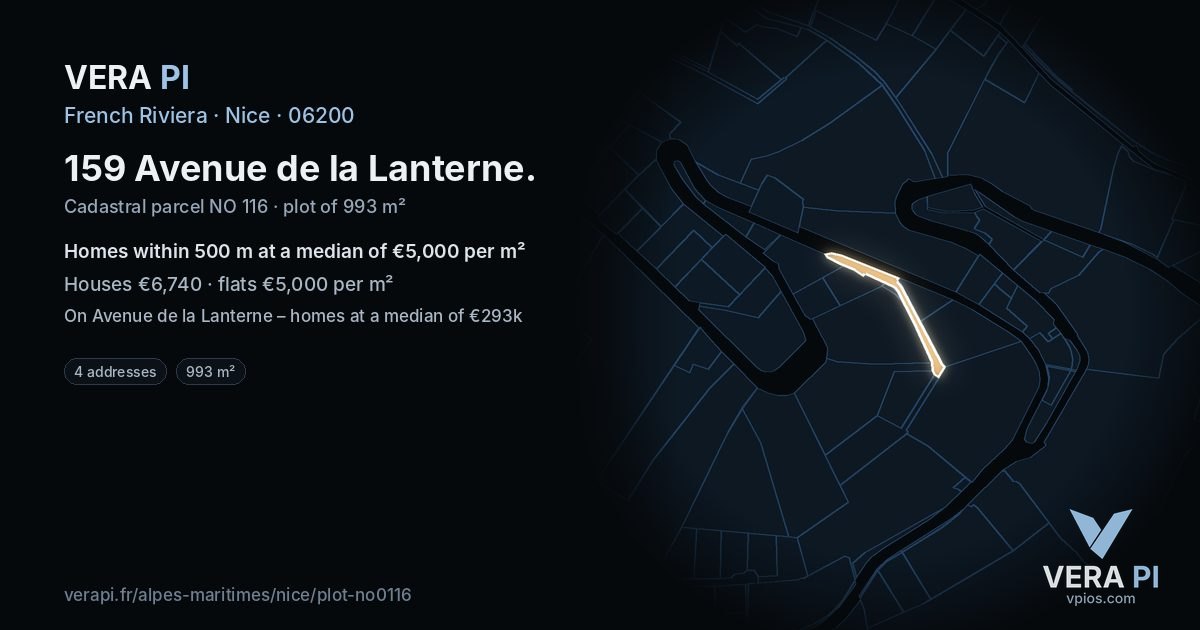 159 Avenue de la Lanterne, Nice at night – the plot lit, the parcels around coloured by the prices near them