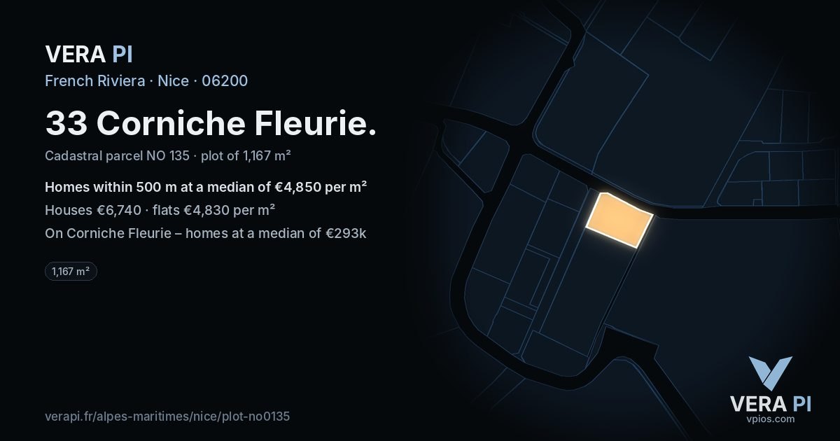 33 Corniche Fleurie, Nice at night – the plot lit, the parcels around coloured by the prices near them