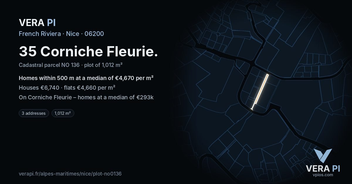 35 Corniche Fleurie, Nice at night – the plot lit, the parcels around coloured by the prices near them