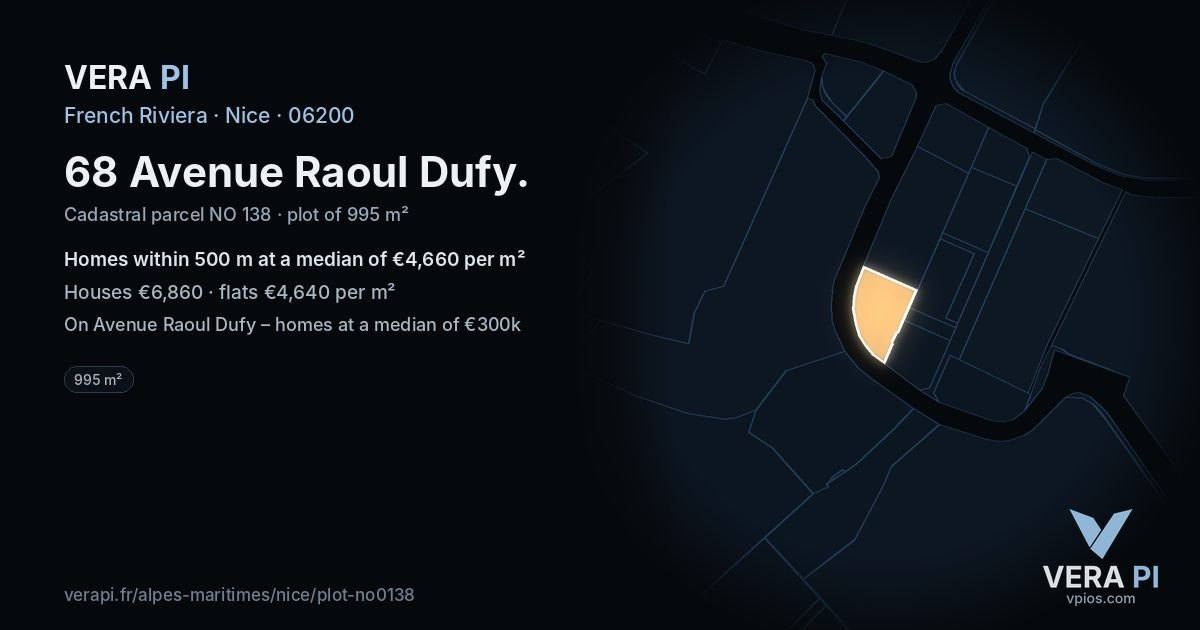 68 Avenue Raoul Dufy, Nice at night – the plot lit, the parcels around coloured by the prices near them